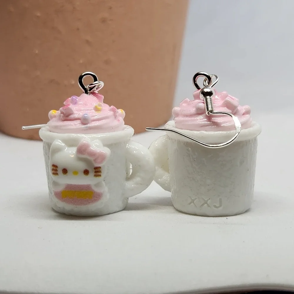 White Kitty Miniature Mug Resin‎ Drop Earrings Pink Whipped Cream Jewelry